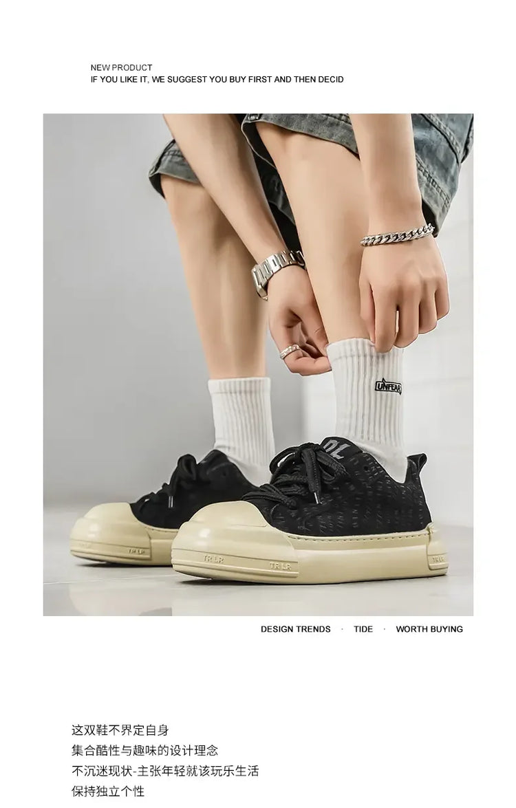 Toe Thick Sole Platform Men Sneakers Lace Up Patchwork Fashion New Trend Casual Trainer Shoes Thick Bottomed All Season