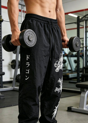 Pantaloni Larghi in Nylon con Stampa Drago per Uomo, Primavera-Estate, Joggers Streetwear per Palestra e Uso Quotidiano, Nero e Blu