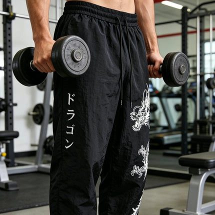 Pantaloni Larghi in Nylon con Stampa Drago per Uomo, Primavera-Estate, Joggers Streetwear per Palestra e Uso Quotidiano, Nero e Blu