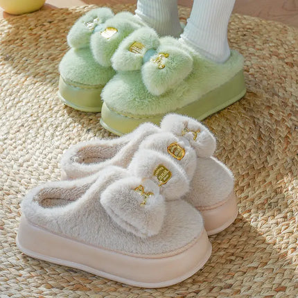 New Pink Bow Slippers Winter Women's Shoes Thick Sole Fuzzy Slippers for Home Mules Shoes Woman Fluffy Metal Bear House Slipper