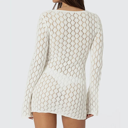 Copricostume da spiaggia a maniche lunghe casual slim fit da donna, abito corto lavorato a maglia alla moda semplice, grembiule con protezione solare per le vacanze primaverili e autunnali platinumshop
