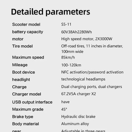 Monopattino Elettrico BOYUEDA S5 6000W Doppio Motore 60V38AH Autonomia 120KM Velocità 85KM/H NFC App Intelligente Luci RGB Ruote da 11 Pollici Fuoristrada per Adulti platinumshop