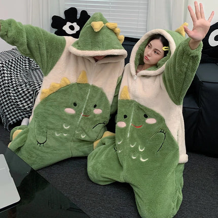 Couples Kigurumis Dinosaur Pajamas Jumpsuits Sleepwear Women Men Winter Thicken Hooded Cartoon Pyjamas Coral Fleece Loose Soft