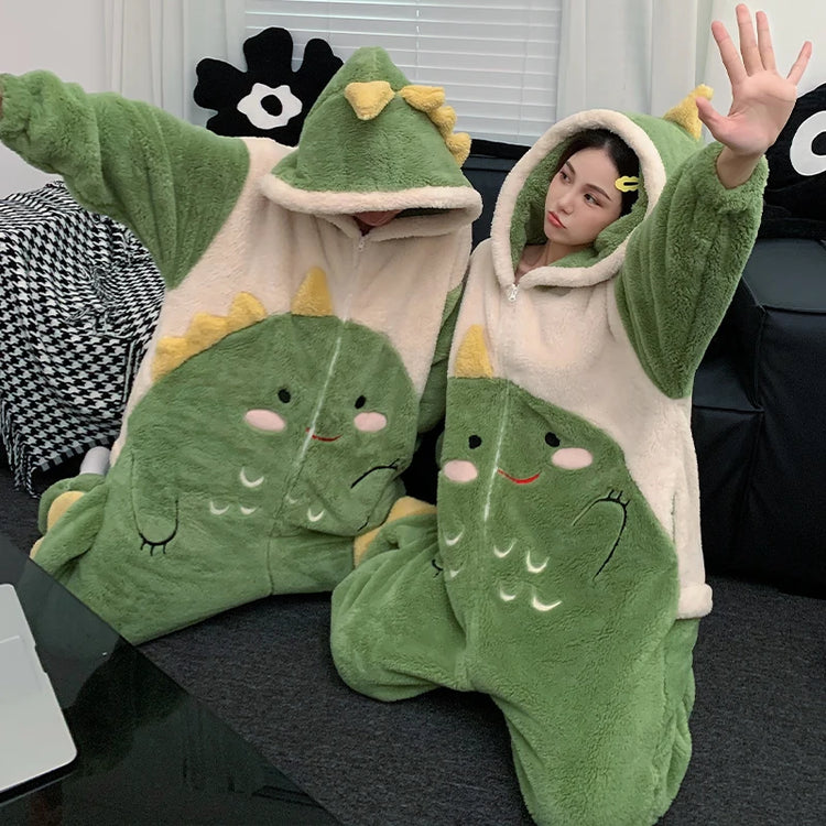 Couples Kigurumis Dinosaur Pajamas Jumpsuits Sleepwear Women Men Winter Thicken Hooded Cartoon Pyjamas Coral Fleece Loose Soft