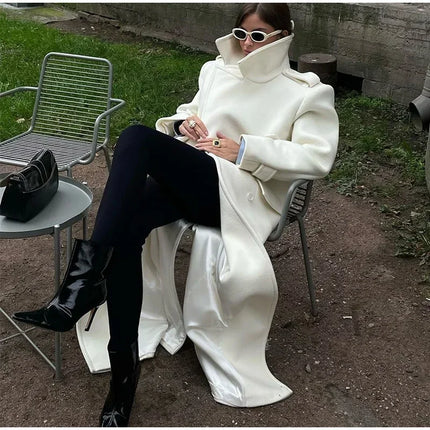 Fashion Solid Women's Wool Coat Lapel Double Breasted Button Long Sleeves Loose Coat Chic 2026 Autumn Winter New Street Wear