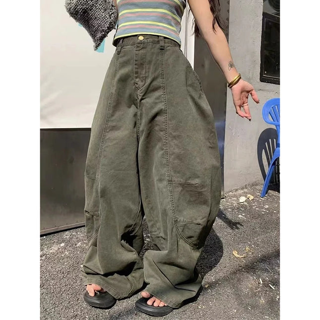 YIBASHU Y2K Vintage Wash Women's Cargo Jeans Harajuku Scimitar Wide Leg American Retro Denim Pants Loose Gyaru Streetwear