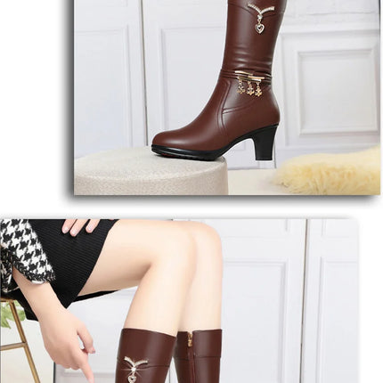 Women Comfortable Fleece Medium Boots Autumn Winter New Style Thick Heel Side Zipper Pointed Fashion High Heels Boots Elegant