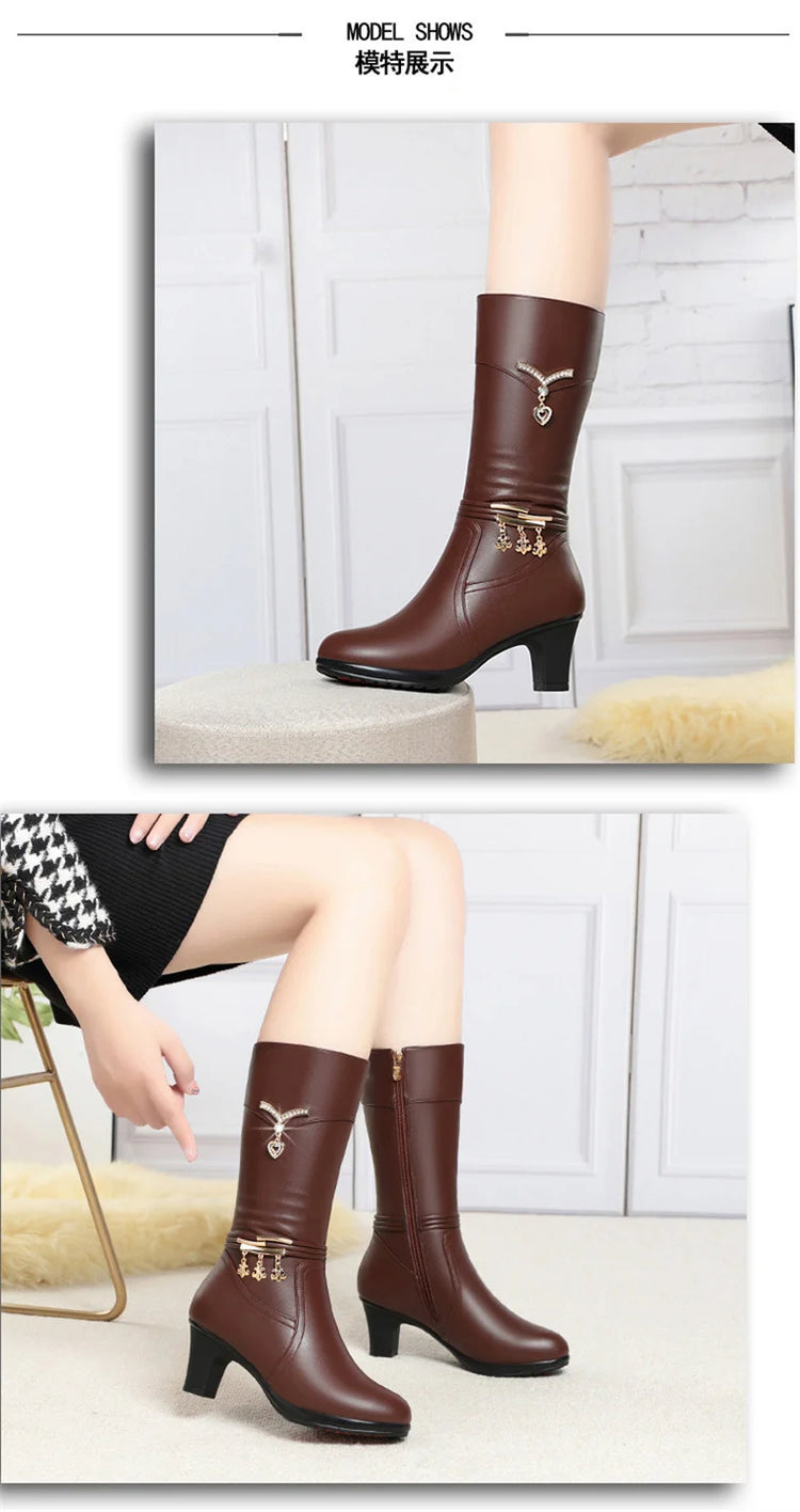 Women Comfortable Fleece Medium Boots Autumn Winter New Style Thick Heel Side Zipper Pointed Fashion High Heels Boots Elegant