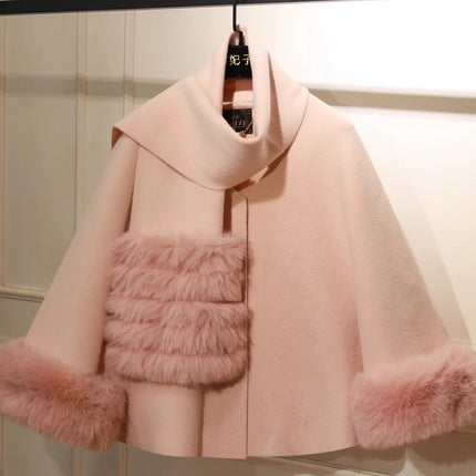 French Elegant Fashion Socialite Fur Patchwork Short Cape Coats for Women Autumn Loose Versatile Wool Cloak Jackets with Scarf