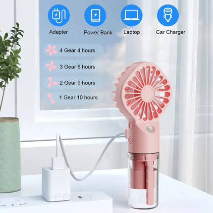 Ventilatore spray portatile portatile Mini umidificatore Ventilatore 4 velocità Potente vento USB ricaricabile Ventilatore nebulizzatore d'acqua Piccolo ventilatore esterno
