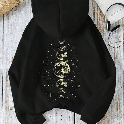 New with Different Moon Prints Front and Back Printed kangaroo pocket Hoodies Casual and Fashionable Women's Clothing