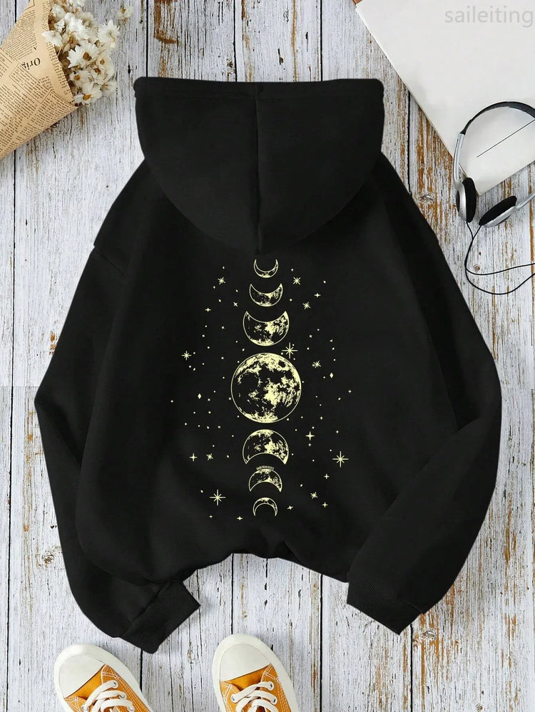 New with Different Moon Prints Front and Back Printed kangaroo pocket Hoodies Casual and Fashionable Women's Clothing