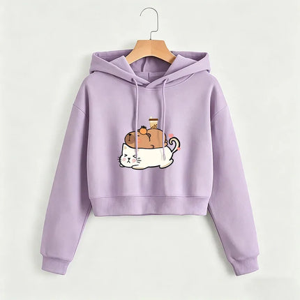Kawaii Cat with Capybara Cropped Sweatshirt Crop Top Hoodie Y2k Sweatshirts Gothic Casual Style Clothes Pullover
