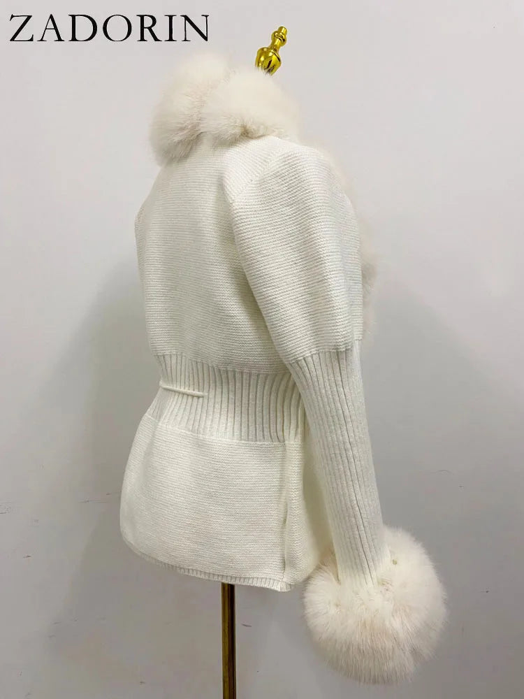 ZADORIN Luxury Fur Cardigan Knit Winter Sweater Women Elegant Detachable Fur Belt White Pink Black Womens Cardigan Korea Style