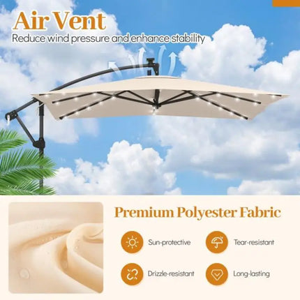 Ombrellone da patio a braccio laterale 8x8 piedi quadrati con LED solari e rotazione a 360° °   Rotazione-Beige