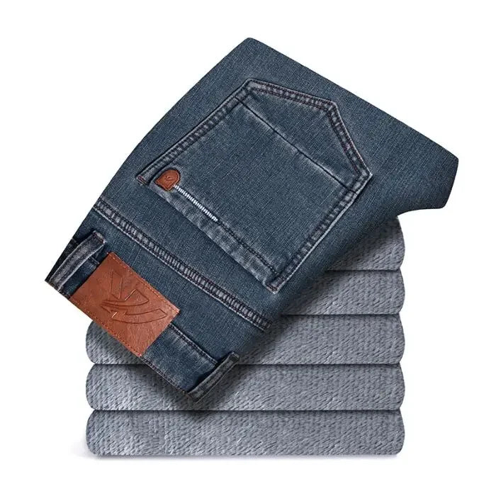 Winter Warm Men's Jeans Fleece Thickened Elastic Smoke Gray Black Business Straight Casual Denim Pants Brand Man PlushClothes