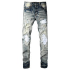 Men Pale Light Blue Biker Jeans Cracked Pleated Patch Patchwork Stretch Denim Pants Streetwear Holes Ripped Skinny Trousers PlatiNum