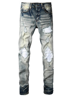 Men Pale Light Blue Biker Jeans Cracked Pleated Patch Patchwork Stretch Denim Pants Streetwear Holes Ripped Skinny Trousers