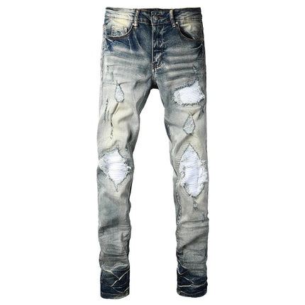 Men Pale Light Blue Biker Jeans Cracked Pleated Patch Patchwork Stretch Denim Pants Streetwear Holes Ripped Skinny Trousers PlatiNum