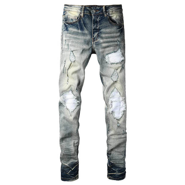 Men Pale Light Blue Biker Jeans Cracked Pleated Patch Patchwork Stretch Denim Pants Streetwear Holes Ripped Skinny Trousers PlatiNum