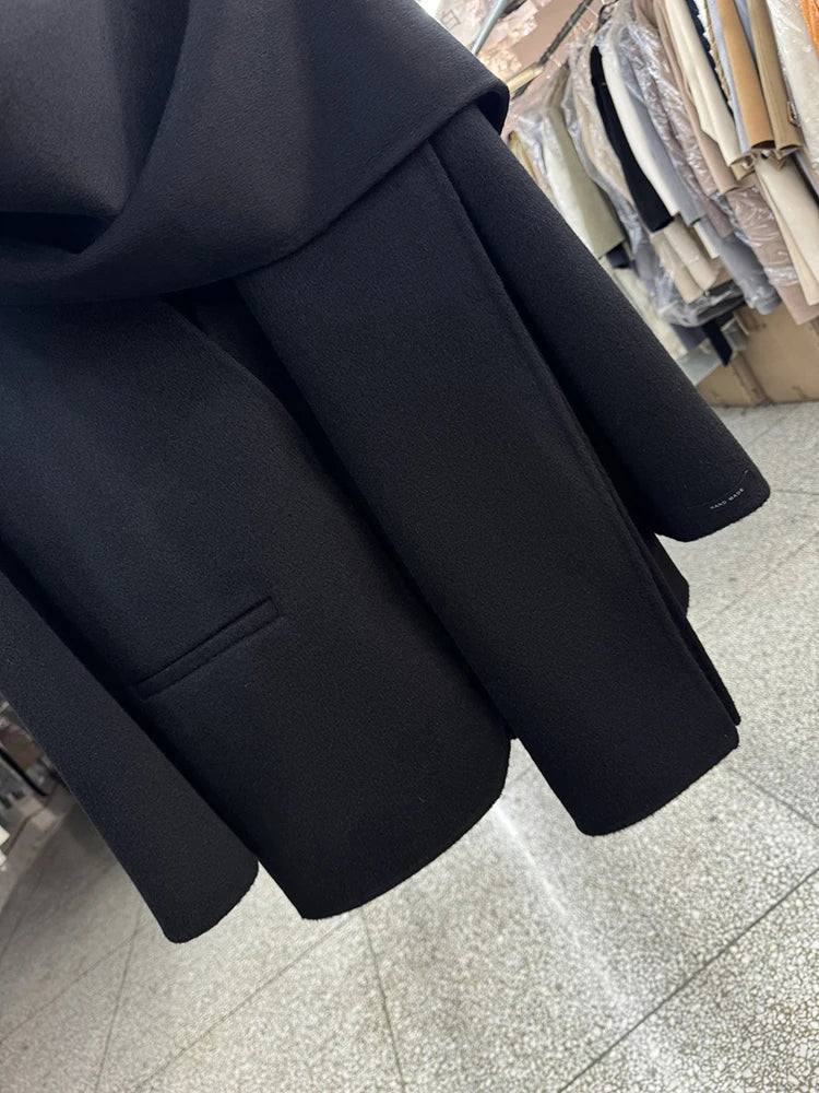 Scarf Collar 100%Wool Coat Women, Korean Fashion Elegant Outerwear, Loose Autumn Winter Jacket