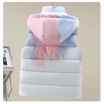 #3622 Tie Dye Hooded Sleeveless Jacket Women Zipper Sim Fit Warm Vest Waistcoat Female Outerwear Veste Unisex Autumn Winter 2024