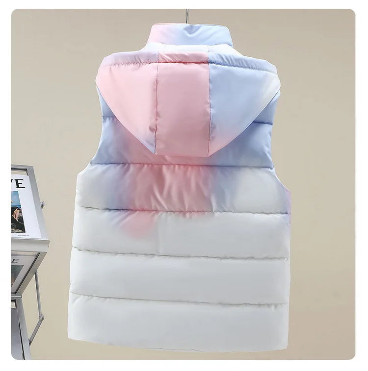 #3622 Tie Dye Hooded Sleeveless Jacket Women Zipper Sim Fit Warm Vest Waistcoat Female Outerwear Veste Unisex Autumn Winter 2024