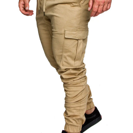 Men High Elastic Cargo Pants Summer Lace Up Drawstring Pocket Harem Stretch Full Trousers BSD-8811