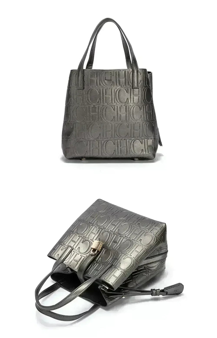 CH Large Capacity Handbag Luxury Brand Temperament Letter Print with Lock Design 2025 Trendy Women's Crossbody Bag PlatiNum