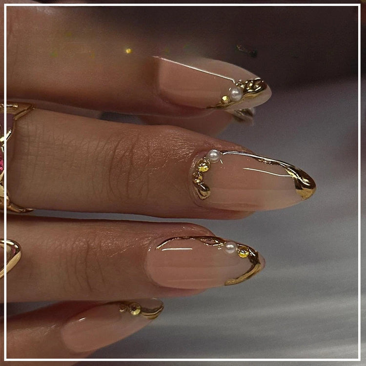 24Pcs Medium Almond Nude‑Pink 3D Textured Metallic Cat‑Eye French Sheer Press‑On False Nails For Nail Art Decor