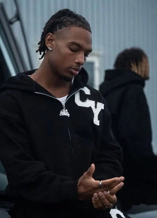 Streetwear Men's Fashion C Y Letter Zipper Set Multiple Colors Available Street Style Relaxed Unique Look Casual Two-Piece Set PlatiNum