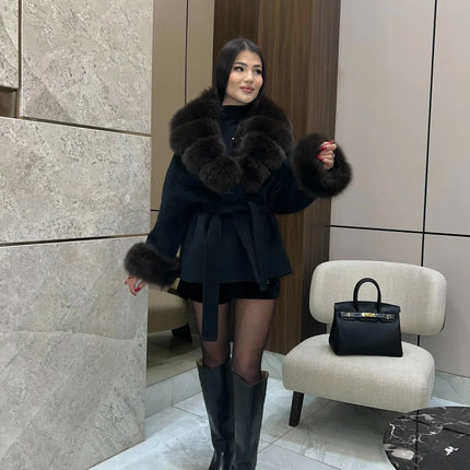 Lady Faux Fur Collar Cuffs Patchwork Short Overcoat  Belted Lace Up Loose Warm Jacket New Winter Daily Street Women's Outerwear