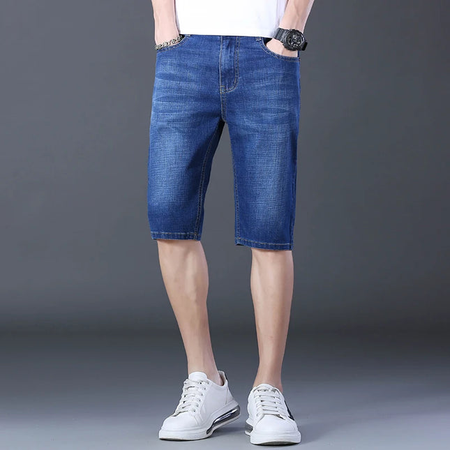 2026 Pantalones Cortos Casuales de Hombre de Mezclilla Algodón Elástico Rectos de Alta Calidad a la Rodilla Vaqueros Clásicos Vintage Moda Azul