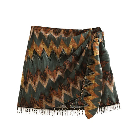 Gonna mini pareo annodata con stampa geometrica vintage da donna Faldas Mujer Abiti con cerniera casual con nappa con perline femminili