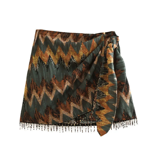 Women's Vintage Geometric Print Knotted Pareo Mini Skirt Faldas Mujer Casual Zipper Dresses with Beaded Tassel
