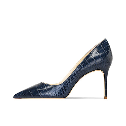 2025 New Blue Crocodile Leather High Heels Women Pointed Toe Stiletto Elegant Office Shoes