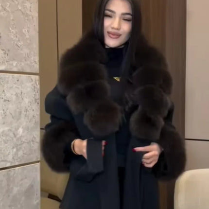 Solid Color Faux Fur Collar Cuff Wool Coat Women Belted Waist Short Jacket 2026 Winter Lady Street Daily Party Casual Outwear