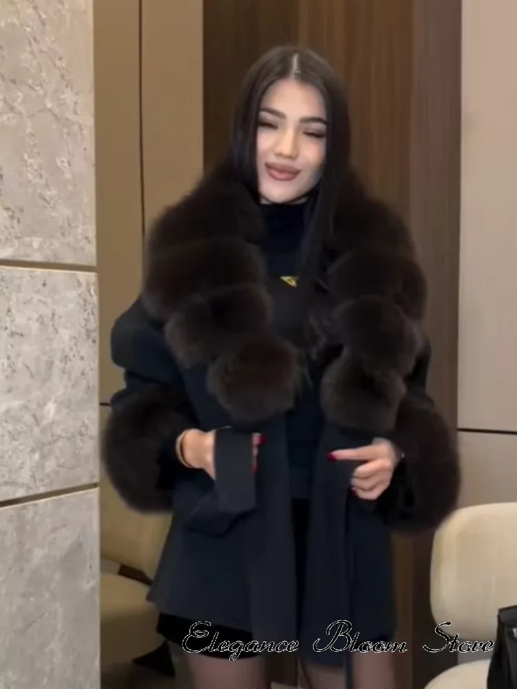 Solid Color Faux Fur Collar Cuff Wool Coat Women Belted Waist Short Jacket 2026 Winter Lady Street Daily Party Casual Outwear