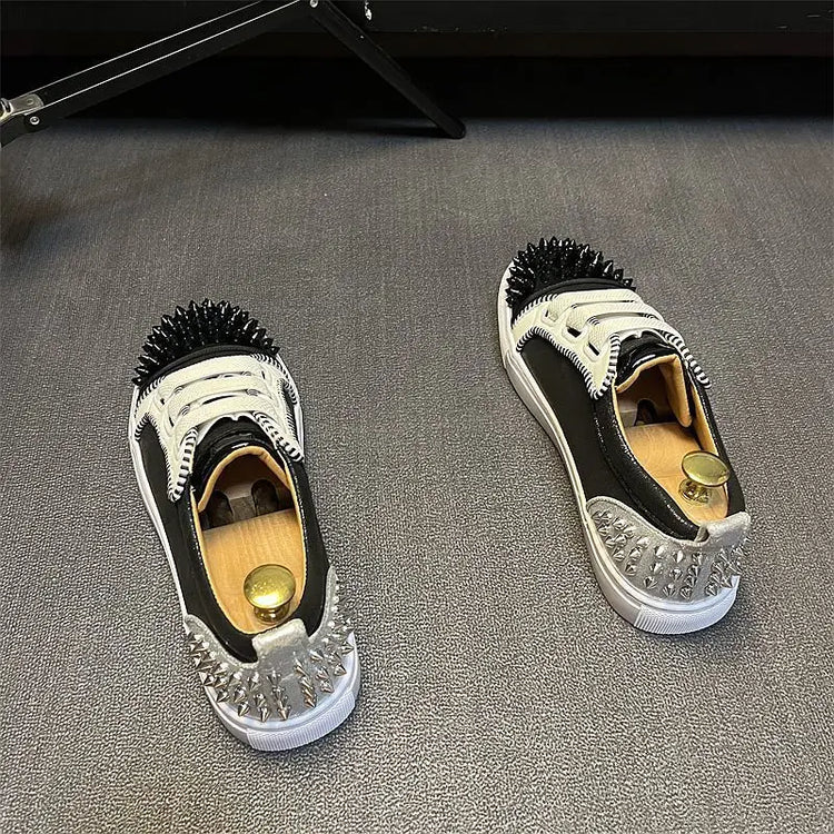Sneaker Casual Men Designer Rivet Board Shoes Fashion Split Leather Upper Flat Platform White Shoes High Top Nightclub Shoes