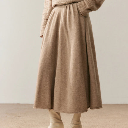 Women's 100% Pure Cashmere Skirt Autumn Winter Mid-calf A-line Knitted Full Skirt High Waist Soild Dress Elegant Basic High-end PlatiNum
