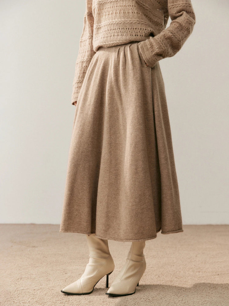 Women's 100% Pure Cashmere Skirt Autumn Winter Mid-calf A-line Knitted Full Skirt High Waist Soild Dress Elegant Basic High-end PlatiNum