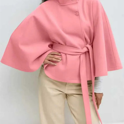 Autumn And Winter New Fashion Solid Color Cloak Stand-up Collar Button Belt Windbreaker Jacket Women's Temperament Commuting Top