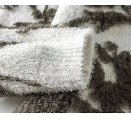 Men Jacquard Furry Sweater Long Sleeve Thick Print Faux Mink Velvet Knit Dyed Pullover O Neck High Street Warm Sweater Jumpers