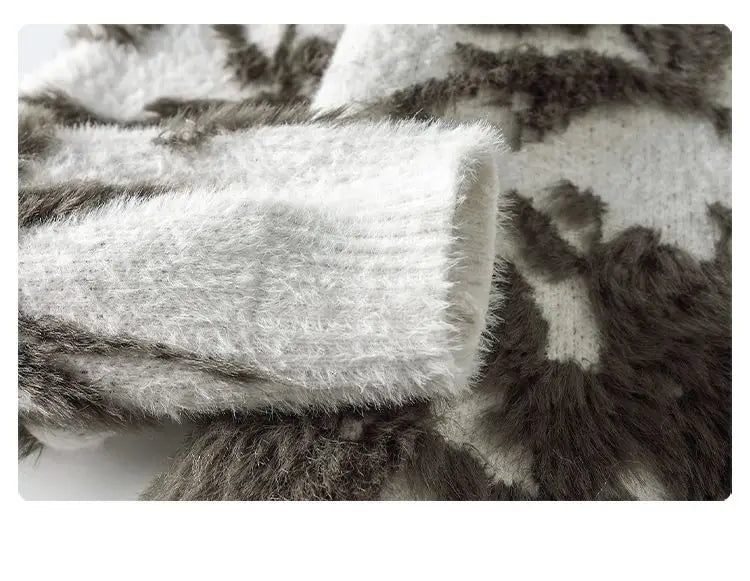 Men Jacquard Furry Sweater Long Sleeve Thick Print Faux Mink Velvet Knit Dyed Pullover O Neck High Street Warm Sweater Jumpers
