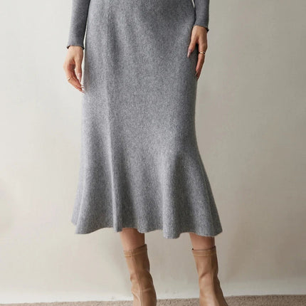 Autumn Winter Women New 100% Cashmere Fishtail Skirt  Mid Length Slimming High Waisted Knitted Umbrella Skirt Elegant Dress PlatiNum