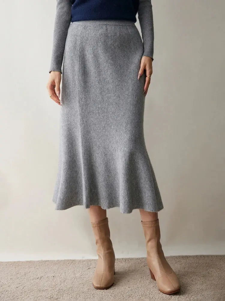 Autumn Winter Women New 100% Cashmere Fishtail Skirt  Mid Length Slimming High Waisted Knitted Umbrella Skirt Elegant Dress PlatiNum