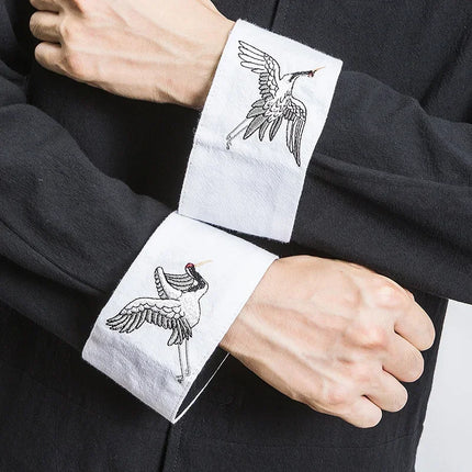 Nuovo gru ricamo top abbigliamento tradizionale cinese per uomo camicie vintage in lino a mezza manica colletto Madarin solido Hanfu Kungfu
