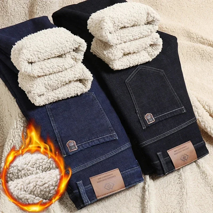 Winter Warm Fleece Jeans Men 2025 Straight Stretch Thick Casual Thermal Denim Pants Male Business Work Trousers New Men Clothing