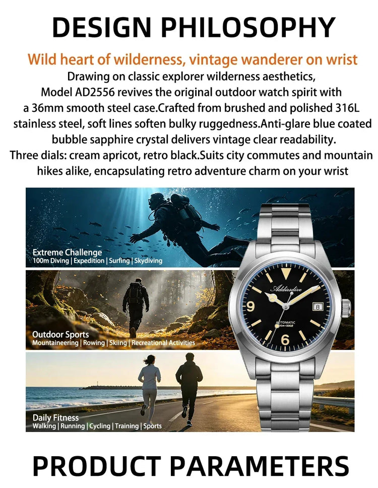 ADDIESDIVE AD2556 36mm Mechanical Automatic Watches Synthetic Sapphire Glass BGW9/C3 Super Luminous 100m Waterproof Men's Watch