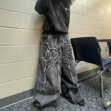 Y2K Retro Oversize Baggy Pantaloni lavabili unisex Phantom Jeans Uomo High Street Spider Toppa ricamata Hip Hop Streetwear Gotico